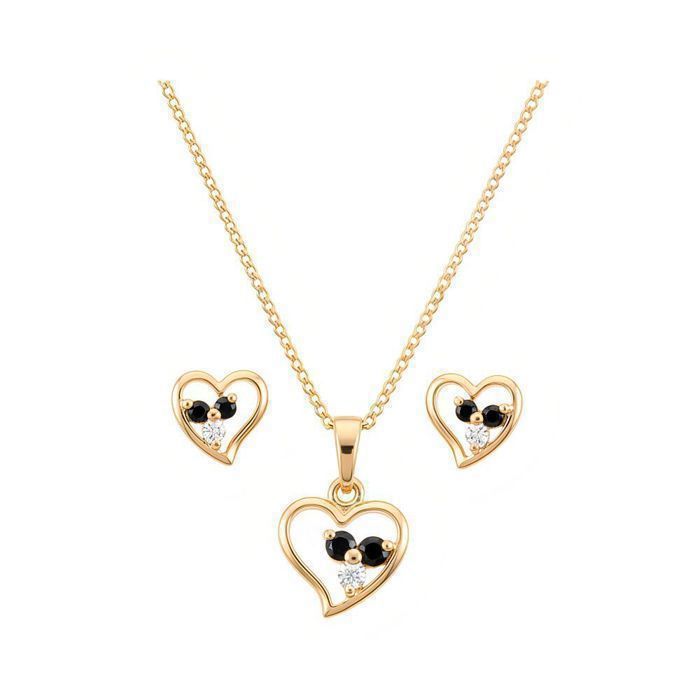 Parure Bijoux - Femme - Cœur - Zircons - Blanc - Noir - Plaqué Or Jaune 750/1000 - 4 Pièces