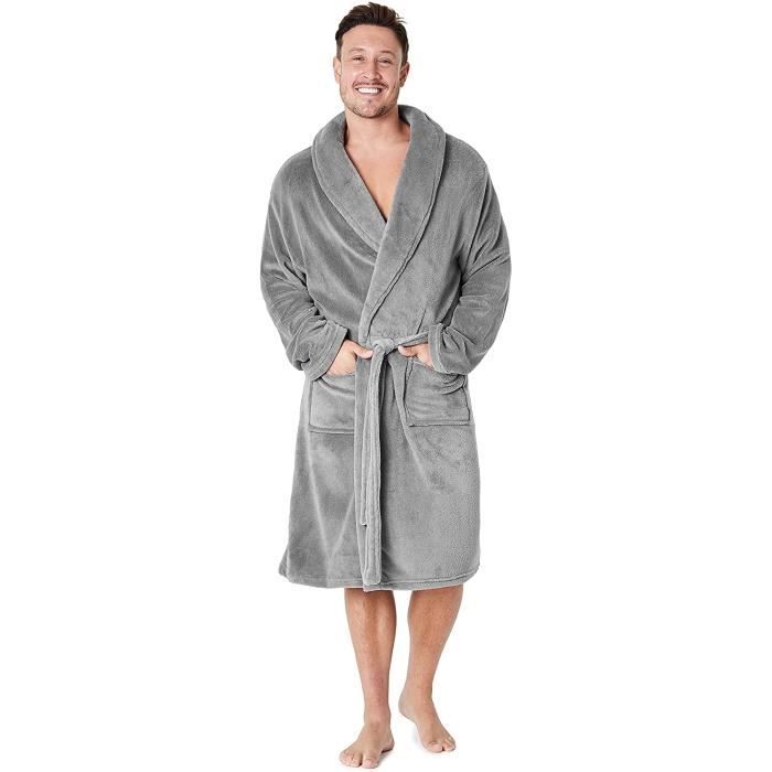 Peignoir de bain,Robe de Chambre Homme Polaire Chaude,Peignoir Homme Doux,pour Vêtements de détente et de nuit,gris(L)