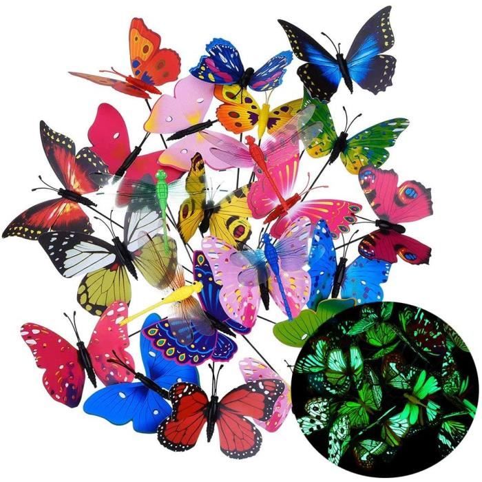 20Pcs Papillons de Jardin déco Lumineux, 3D Papillons colorés de Fluorescence pour décoration de Fleur, Ornements Parfaits pour