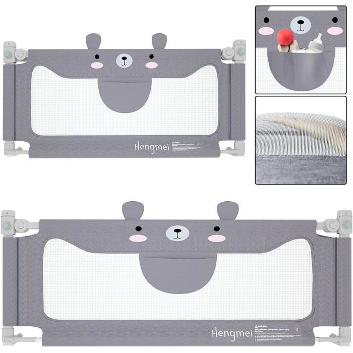 Barrière De Sécurité Pour Lit D'enfant Portable – Anti-chute, Hauteur Réglable, Design Ours Gris – Pour Matelas De 3 à 23 Cm D'épaisseur - 3