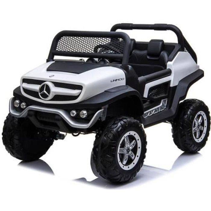 Voiture électrique Mercedes-Benz Unimog - 12V - Blanc et noir - Sièges cuir - Roues EVA avec suspensions