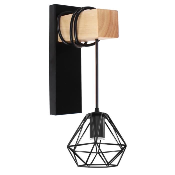 COUNT - 1pcs Applique Murale Vintage Industrielle E27 Ø16cm Noir en Métal Plafonnier Luminaire Rétro Applique Avec Bois