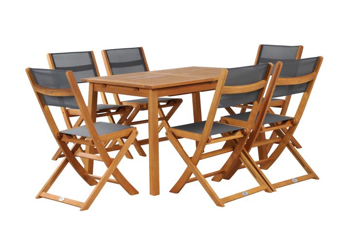 Ensemble repas de jardin - BEAU RIVAGE - SORA - Bois d'eucalyptus FSC - Table extensible - 6 chaises pliantes