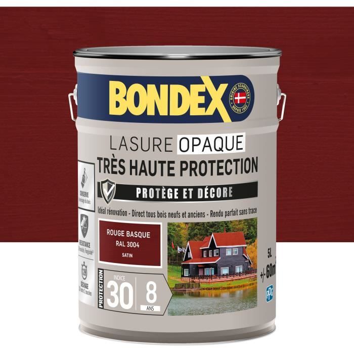 Lasure opaque Très haute protection - Rouge basque RAL 3004 satin - BONDEX - 5 L
