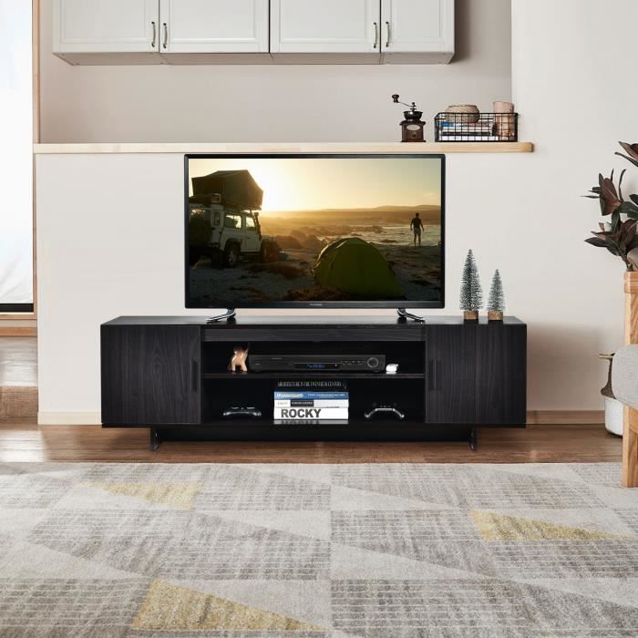 costway meuble tv pour téléviseur jusqu'à 165 cm/65",support multimédia avec 2 placards et etagères de rangement ouvertes noir