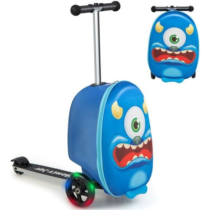 costway 2 en 1 trottinette pour enfants avec 3 roues led, 19” valise enfant pliable, freinage de sécurité, 26 l, 5 ans+, bleu