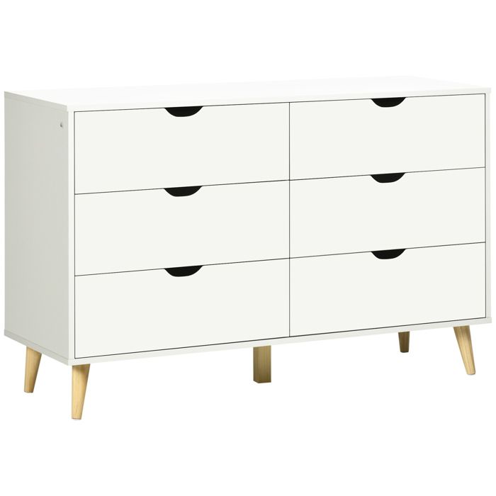 Commode - HOMCOM - 6 tiroirs meuble de rangement 5 pieds biseautés bois mobilier chambre - bois - 120x40x76cm - blanc