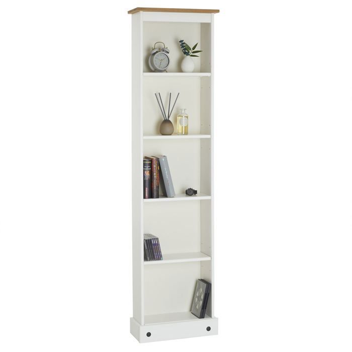 Bibliothèque CAMPO étagère en bois style mexicain avec 4 tablettes en pin massif lasuré blanc et brun