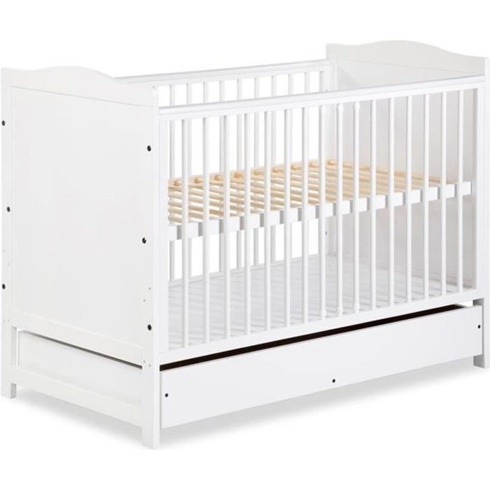 FELIX Lit bébé enfant évolutif à barreaux en bois 120X60 + tiroir Blanc