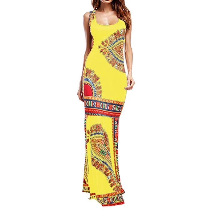 Femmes Boho Floral Dashiki Manches Longues Maxi Robe De Soirée Africaine Cocktailjaune