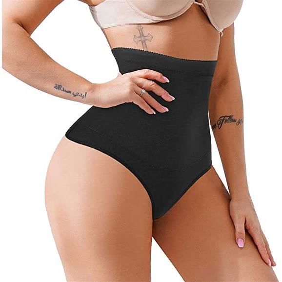 CheChury Femme String Gainante Taille Haute Gainante Ventre Plat Tanga Sculptante Panty Minceur Culotte Gainante Invisible Shapewear Thong Body Shaper,Noir+Noir,XL