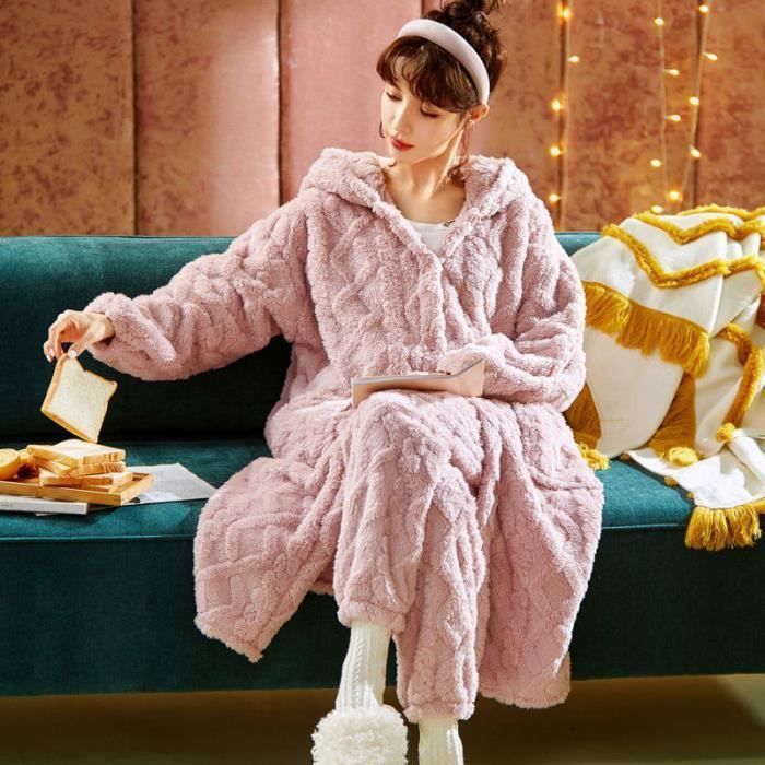 Pyjama une pièce d'hiver corail polaire femme ECELEN Chemise de nuit en  flanelle élastique et confortable