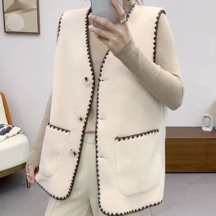 Maeau Gilet Sans Manches Laine D’Agneau Femme – Manteau Réversible Polaire Teddy Zip S-XXL