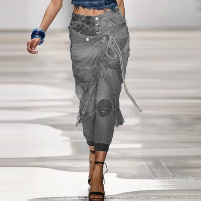Jupe Jean Allegra K Femme - Taille Haute Délavée, Mi-Longue, Extensible, Style Vintage Avec Poches