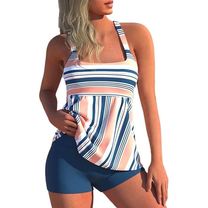 Maillot de Bain 2 Pieces Femme Tankini Ensembles Maillots Push Up Bikini Set Imprime sans Manches Debardeur et Short bleu Bleu Cdiscount Pret a Porter