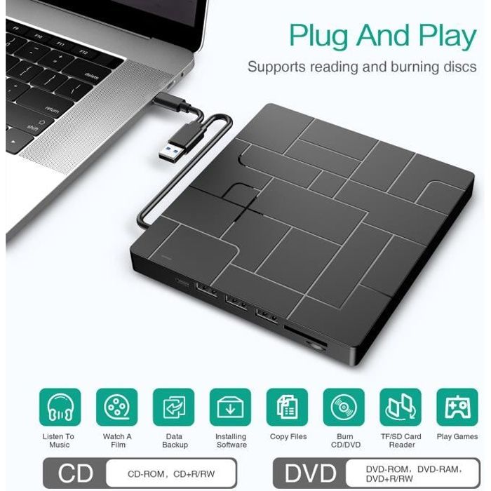 Lecteur - Graveur CD DVD Externe USB 3.0 Ultra Slim + Type-C Port + SD Card  Lecteur ROM +--RW pour PC Mac Windows 11-10-8-7 - Cdiscount Informatique