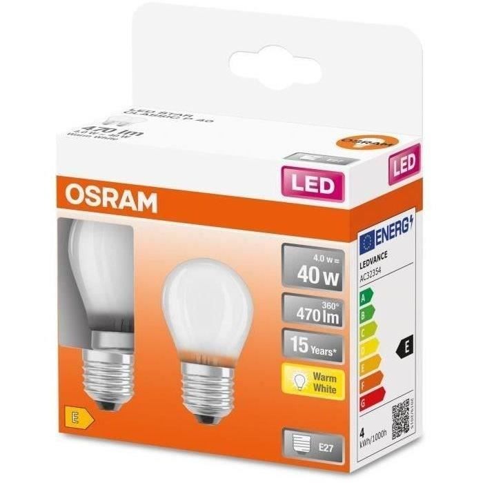 OSRAM - Boite de 2 LED sphérique verre dépoli 4W E27 470lm 2700K chaud