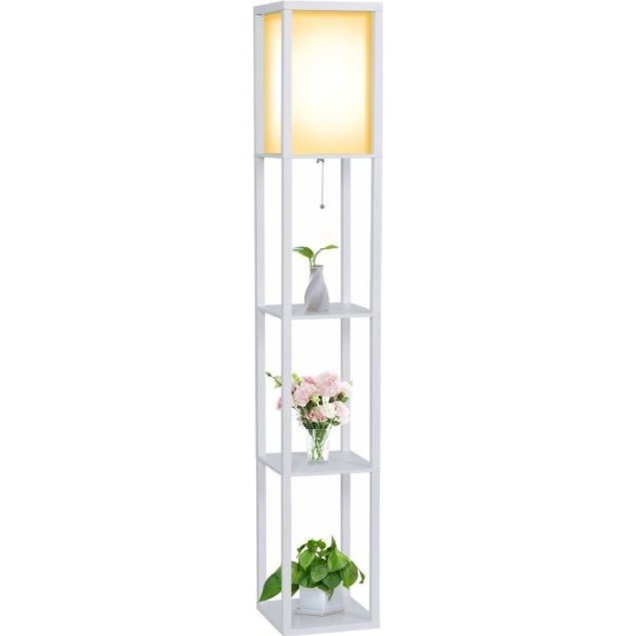 Lampadaire en bois Design Lampe sur Pied avec 3 Niveaux Etagères und E27 Base 1.6M Lampadaire étagère blanc