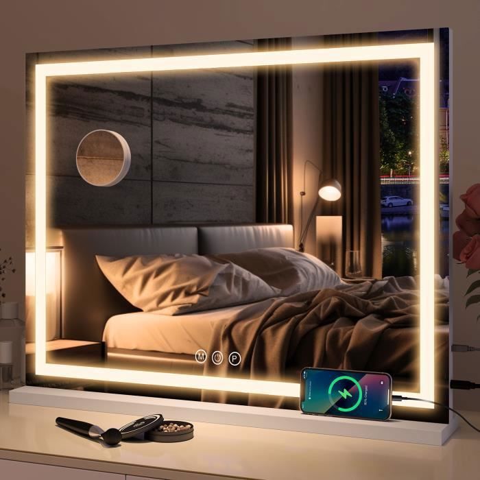 Miroir de Maquillage Hollywood 80x56cm - 3 Couleurs Réglable - USB Charge - Écran Tactile - 10x Loupe - Blanc