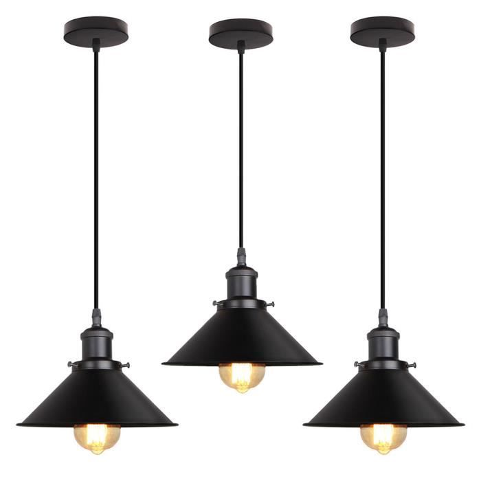 UNI 3PCS Rétro Lustre Suspension Industrielle E27 26cm Lampe Abat-jour Metal Luminaire Restaurant Café Tout Noir