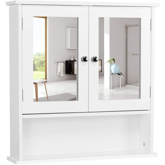 Armoire Murale MDF 2 Portes Miroir 58x56x13 cm Étagère Réglable Rangement pour Salle de Bains et Chambre Blanc YAHEETECH