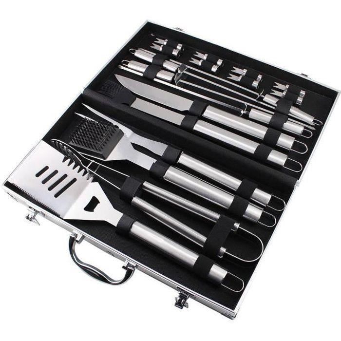 LE16156-Set d'Ustensiles Bbq pour Grillades, Lot d'Ustensiles pour Barbecue, 18 ustensiles en acier inoxydable, Mallette en alumin