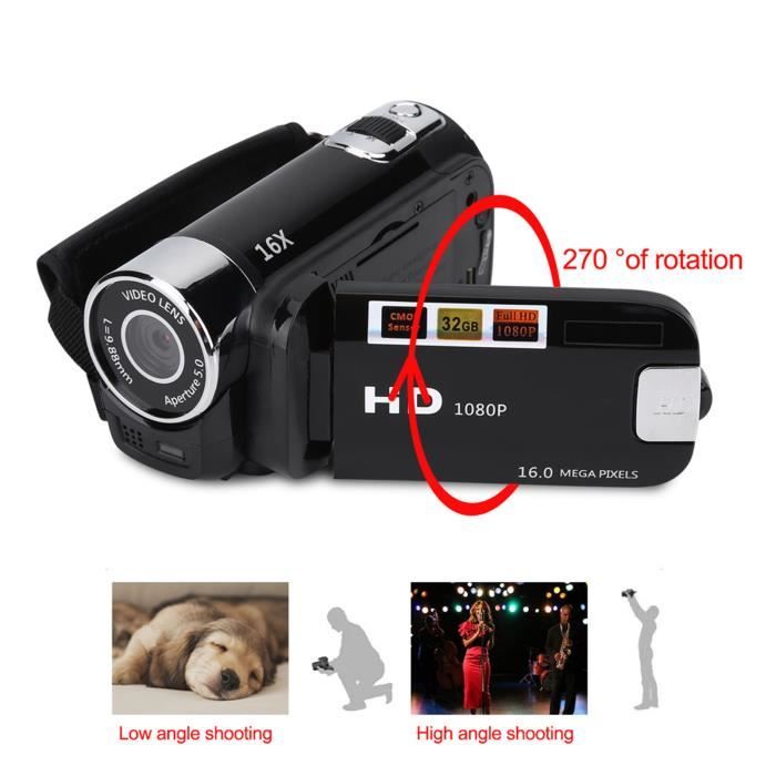 Zerone Caméra vidéo HD Caméscope numérique haute définition Full HD 270 ° Rotation 16X Caméra DV (EU Black)