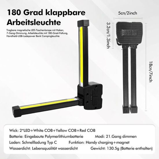 Lot de 2 lampes de travail LED, rechargeable par USB, avec base magnétique, rotation à 360