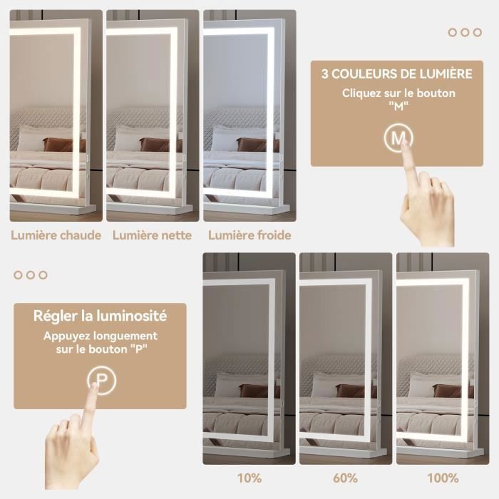 Ereousa Miroir Coiffeuse, Miroir Hollywood Coiffeuse 80X55cm, Mirroir Maquilleur Lumineux avec USB, Contrôle Tactile