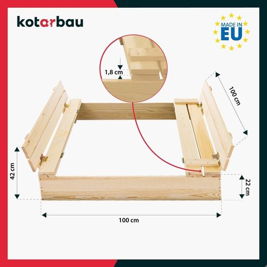 Bac à Sable 100x100 Cm Avec Bancs Et Bâche – Bois Imprégné Certifié FSC – Aire De Jeux Enfants