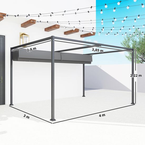 Pergola Murale FRÉJUS 3×4 m, Structure Aluminium, Toile Polyester 180 g/m² Beige, Toit Rétractable, Déperlante