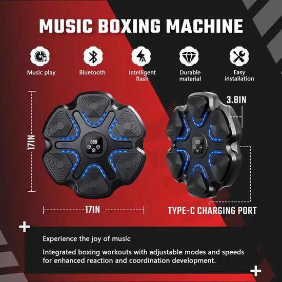 Machine De Boxe Musicale Électronique Mural - Bluetooth, LED, 3 Modes, Gants Inclus