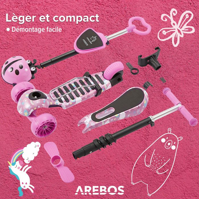 Trottinette Enfant Arebos - Guidon Et Siège Réglables, Roues LED, Frein Pied, 50kg Max