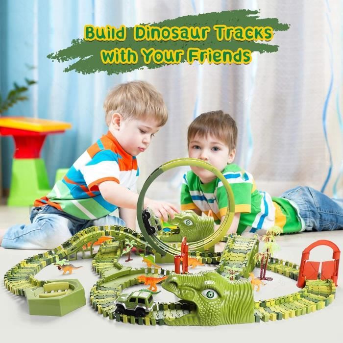 burgkidz Jouets de Dinosaure Voies Ferrées, Ensemble de Jeu de 260 Pistes de Course de Dinosaures avec 3 Voitures de Chemin de Fer et 7 Jouets de Dinosaures, Cadeau Éducatif pour Garçons
