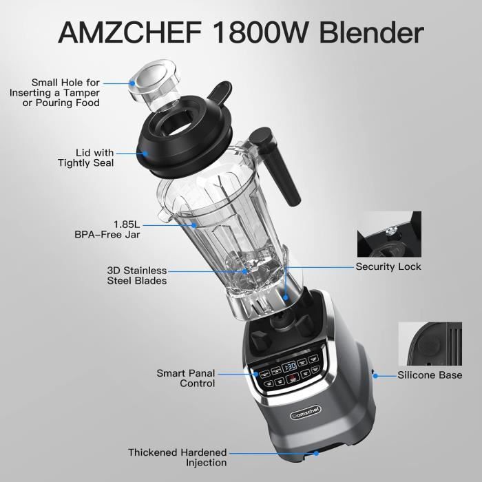 AMZCHEF Blender Smoothie, Mixeur Professionnel 1800W avec Panneau de