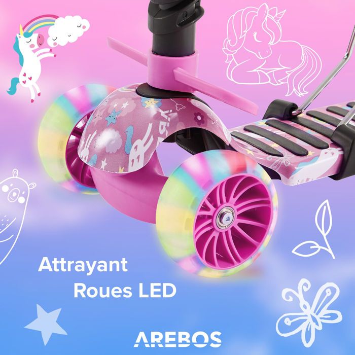 Trottinette Arebos Rose Réglable - Pliable, Roues LED, Frein Pied/Manuel | Enfants & Adultes 100kg | Sangle Transport