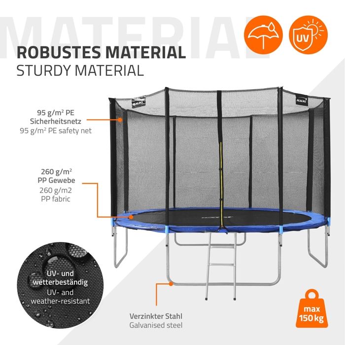 Hauki Trampoline Extérieur Ø366cm - Rond Avec Filet Sécurité, Échelle, Couvre-bords, Barres Rembourrées, Charge 150kg, Certifié GS