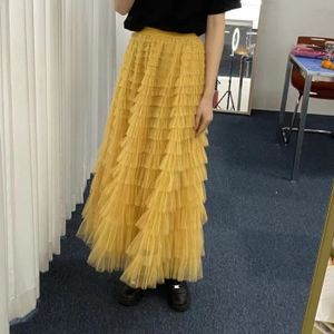 JUPE Tingfly-Jupe Longue Trapèze à Volants en Cascade pour Femme,Vêtement Basique Décontracté,Taille artificiel astique- yellow[C806]