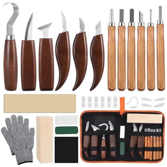 Kit Professionnel De Sculpture Sur Bois - 16 Pièces (11 Couteaux, Étui Cuir, Pierre à Aiguiser, Gants), Pour Débutants Et Experts