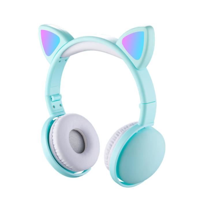 LED Casque Audio Enfant Fille Bluetooth Casque sans Fil Écouteurs Oreille Chat Bandeau Réglable pour IOS, Android, 15m, Tiffany