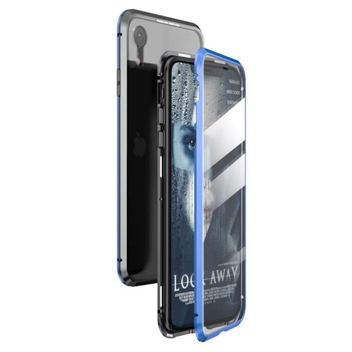 Coque iPhone XR, Étui Adsorption Magnétique Double face Verre trempé Couverture pour iPhone XR -Noir + bleu