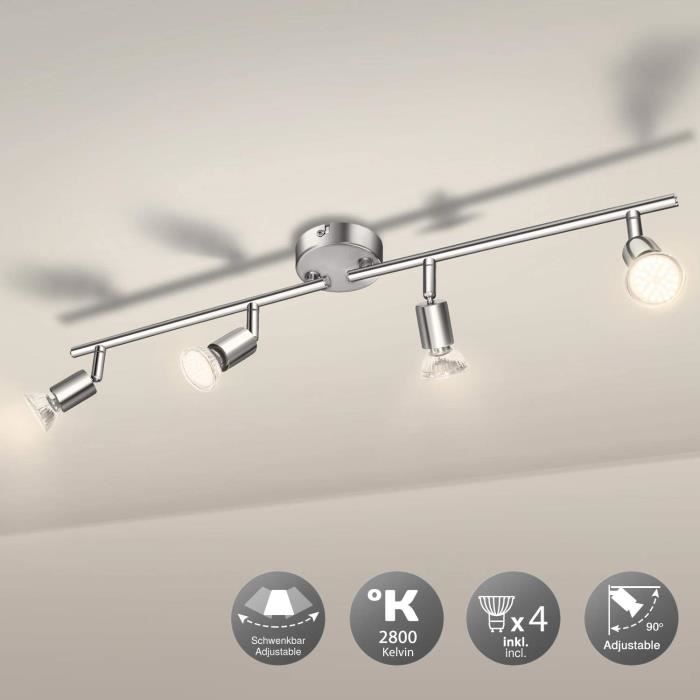 Luminaire Plafonnier 4 Spots LED Orientables, Wowatt 6W Spot de Plafonnier 600Lm GU10 Applique Lampe 2800K Blanc Chaud pour Sal19