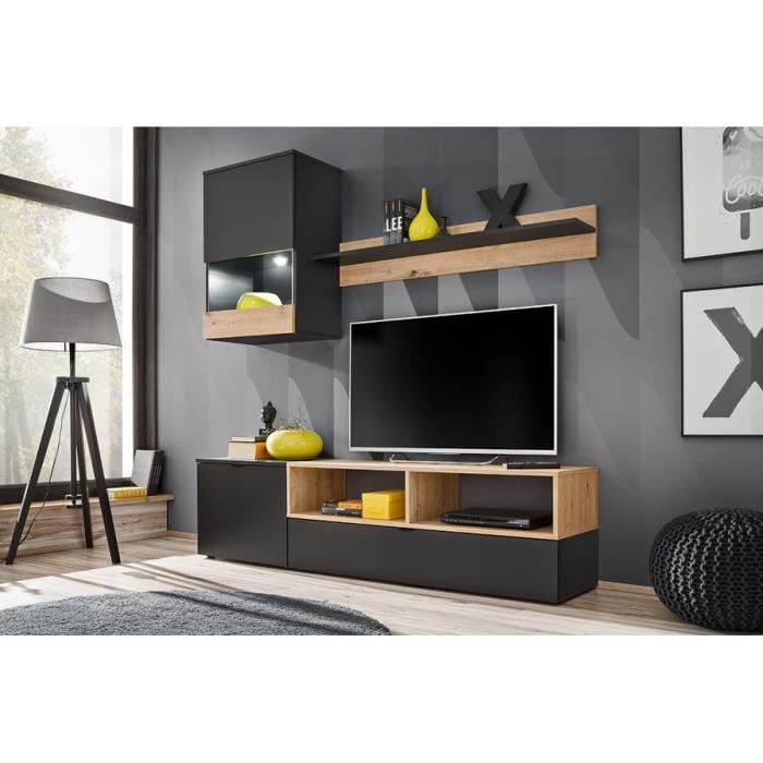 EBBA - Unité murale style scandinave 3 éléments - Éclairage LED inclus - Mur TV - Ensembles meubles salon séjour - Aspect bois -