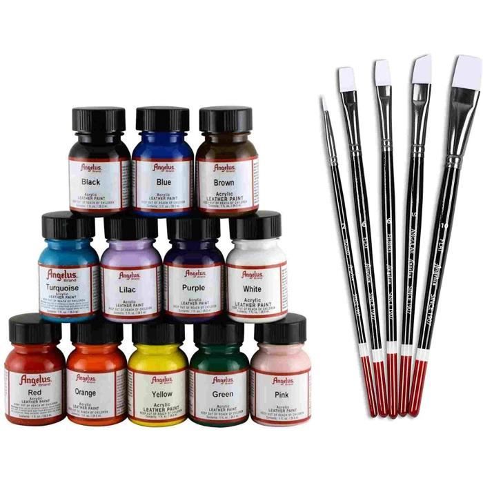 Lot Angelus : 12 teintures pour cuir de 29,5 ml et 5 pinceaux.