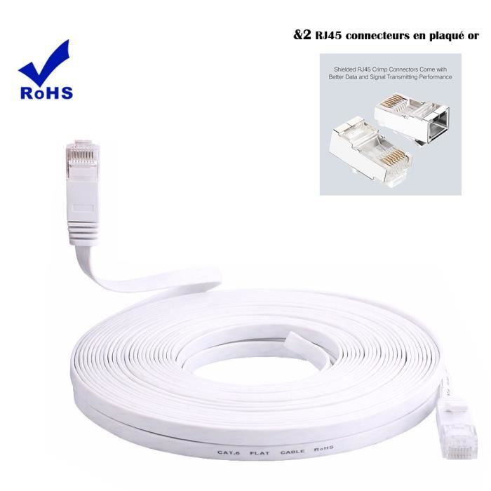 BRO® Câble réseau CAT.6 30m flat, & 2 RJ45 connecteurs en plaque or
