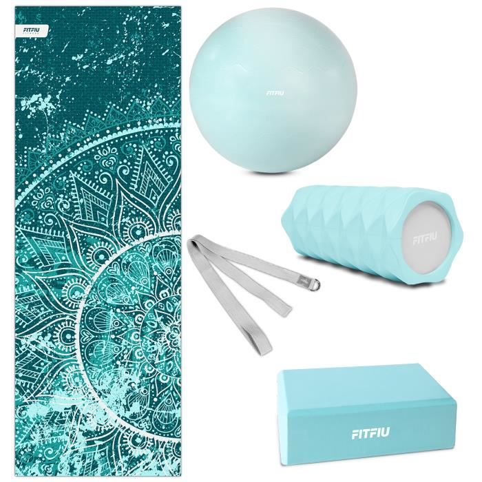 Kit 5 accessoires yoga KITWELL-501 BLEU, tapis, bloc, ball, fitball, ceinture d'exercice - FITFIU Fitness
