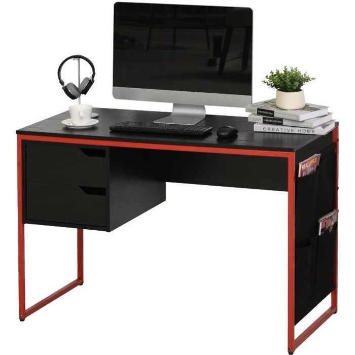 HOMCOM Bureau gaming bureau gamer bureau informatique 2 tiroirs 4 poches latérales métal rouge panneaux particules noir