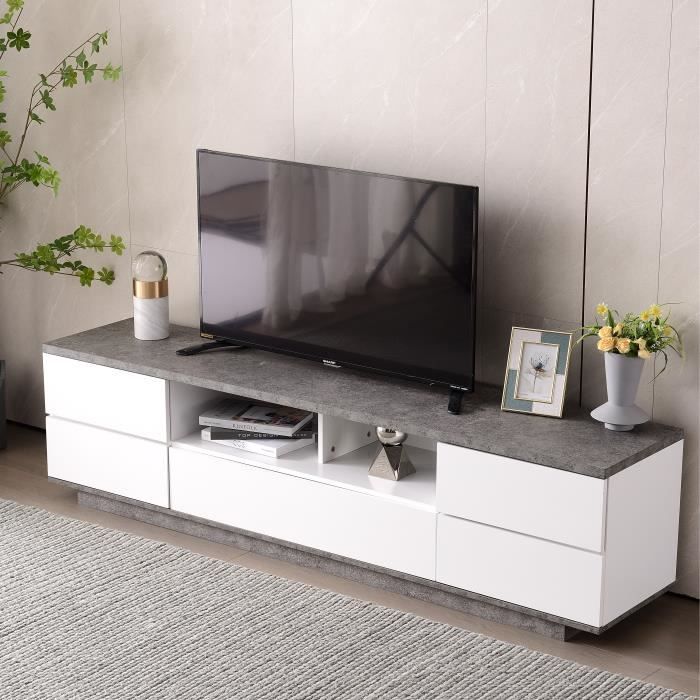 Meuble TV en Bois 180 cm - Blanc brillant - avec Étagères et Placards de Rangement - Support Télévision - 4 Portes -Style Moderne