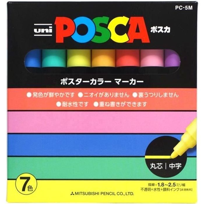 Uniball Uni Posca PC-5M Boite de 7 Marqueurs Feutres Posca PC5M Base Peinture Eau Pointe Moyenne Ogive Assortie Couleur Pastel