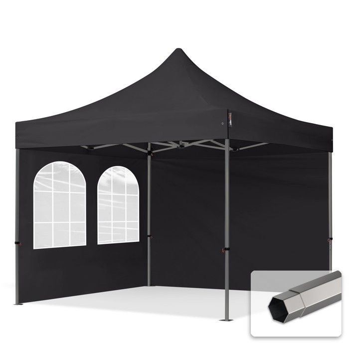 TOOLPORT Tente pliante 3x3 m tente de jardin- Acier, PES env. 350g/m², côtés avec fenêtres, noir